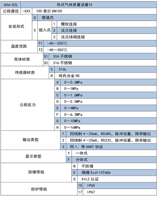 分體式熱式氣體質(zhì)量流量計(jì)選項(xiàng)表